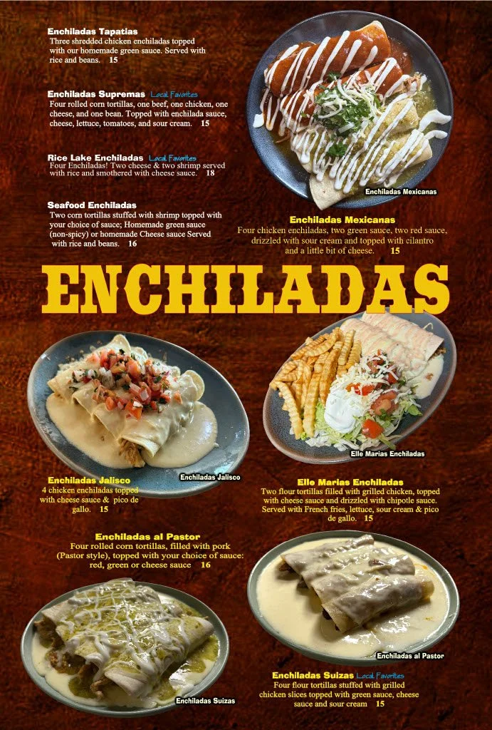 A menu featuring various types of enchiladas with descriptions and prices, including Mexican-style, Jalisco, Pastore, Suizas, and others.
