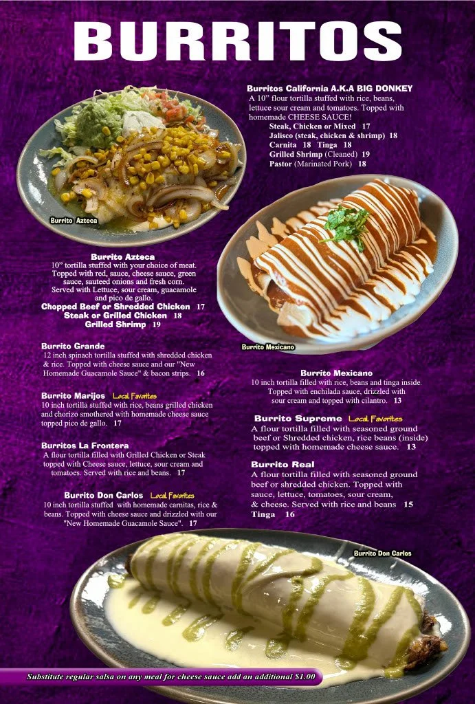 Menu showcasing various types of burritos, including Mexican, Supreme, Real, and Don Carlos, with descriptions and prices.