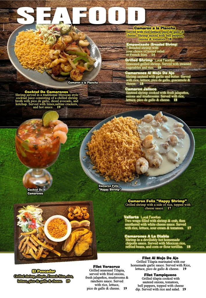 Menu featuring a variety of seafood dishes including camaron a la plancha, breaded shrimp, grilled shrimp, shrimp with garlic and butter, shrimp with jalapenos, and shrimp in chipotle sauce, as well as cocktails and side dishes.