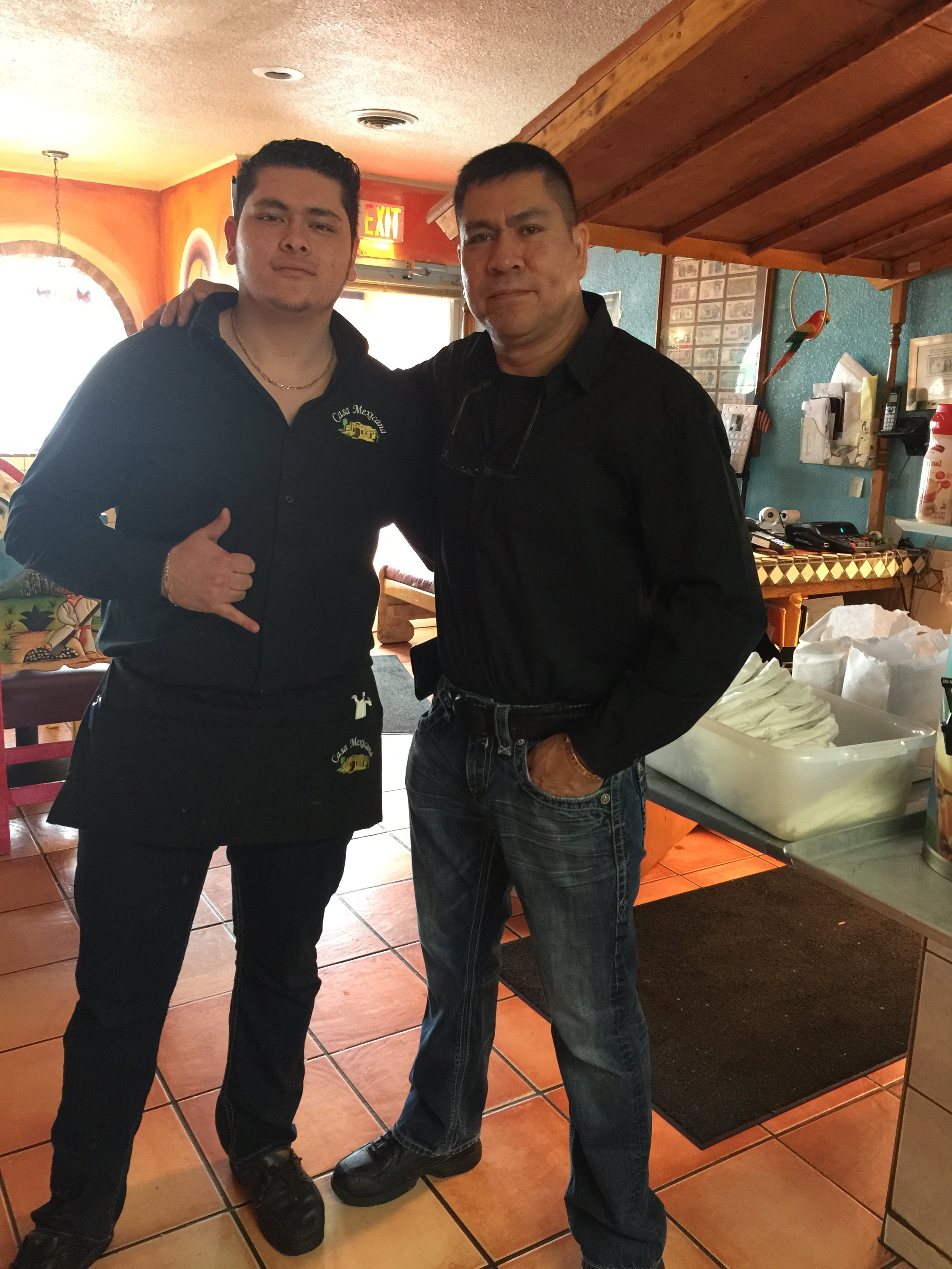Carlos Jacinto and Carlos Jacinto Jr. standing together inside Casa Mexicana. Pioneering our family friendly atmosphere, authentic family recipes, and a vacation vibe that is second to none. Enjoy our burritos, tacos, margaritas, and so much more!