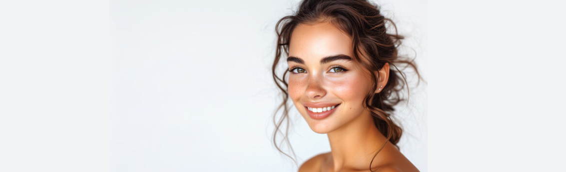 Close-up of a young woman with curly brown hair smiling at the camera against a plain white background.