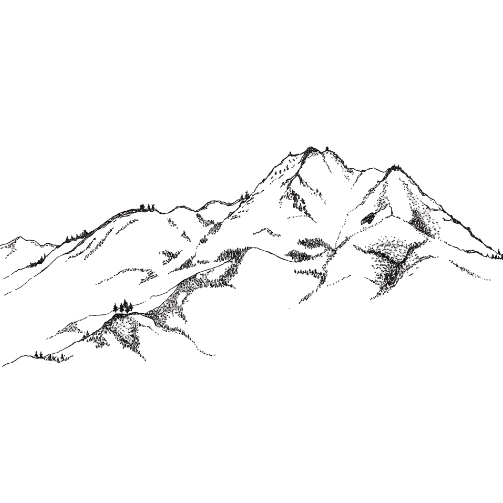 Black background with a white line drawing of mountain peaks with snow caps.