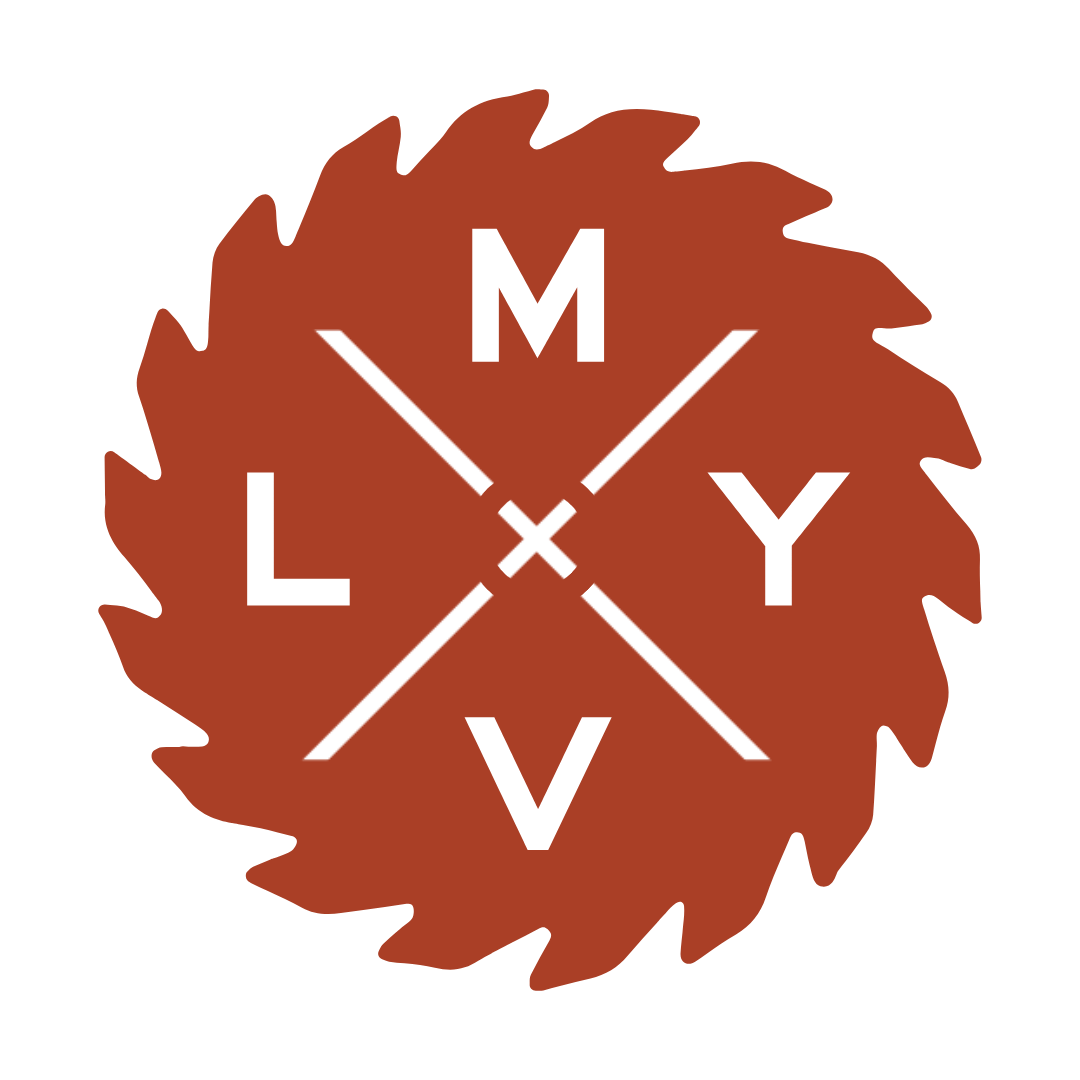 Logo with a brown, spiked circular shape background and white text forming a cross with letters L, M, Y, V.