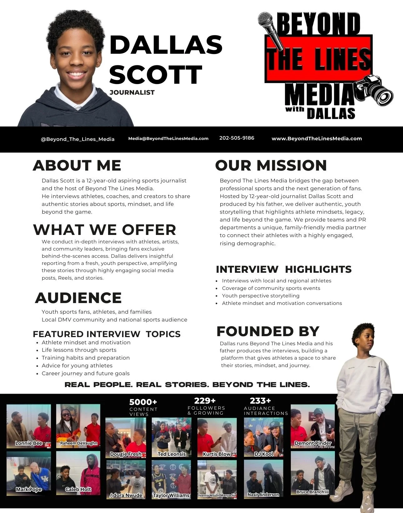 Flyer for Beyond The Lines Media featuring Dallas Scott, a young journalist, with sections about him, his mission, offerings, audience, interview topics, and founder. Includes a collage of photos with followers, views, and interactions.