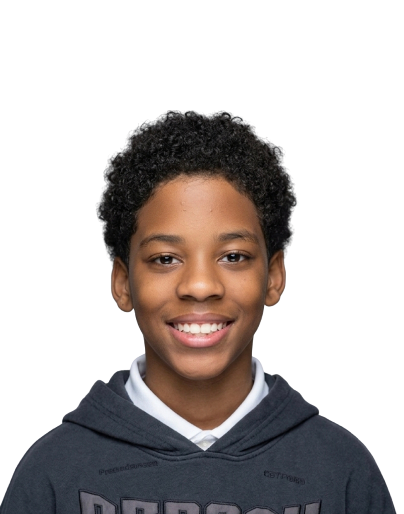 Young boy smiling, wearing a dark hoodie over a white collared shirt, with curly black hair.