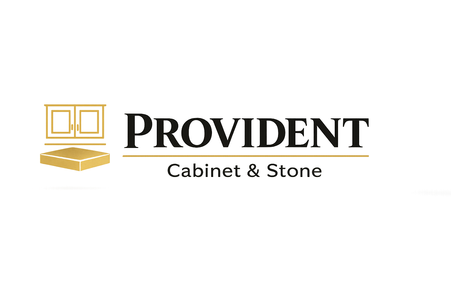 A logo for 'Provident Cabinet & Stone' features an image of a beige cabinet with two doors and a yellow stone countertop, set against a dark, stylized background with blue and purple vertical streaks.