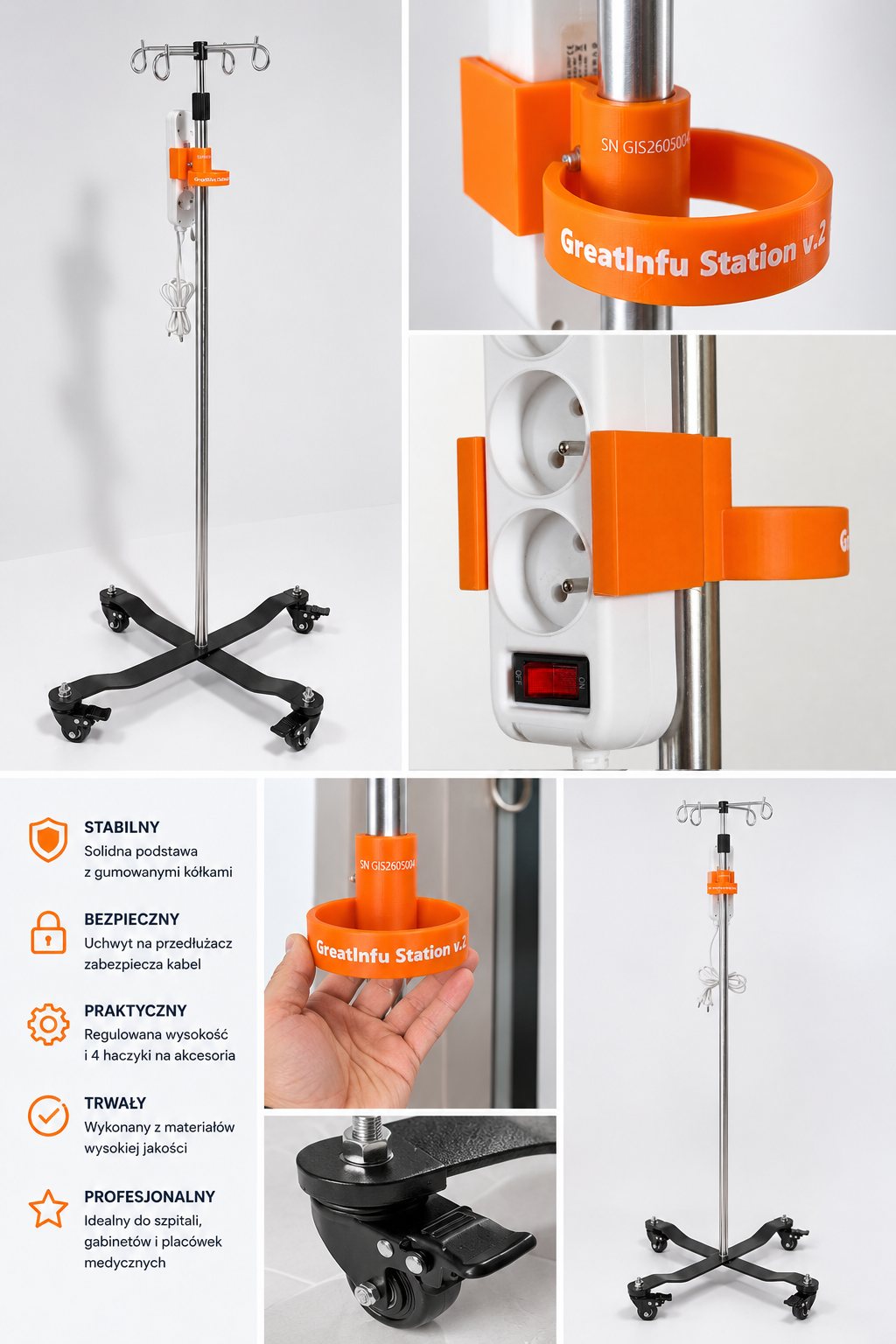 Medical IV pole with orange safety accessories, power outlet with switch, and caster wheels, shown from different angles.