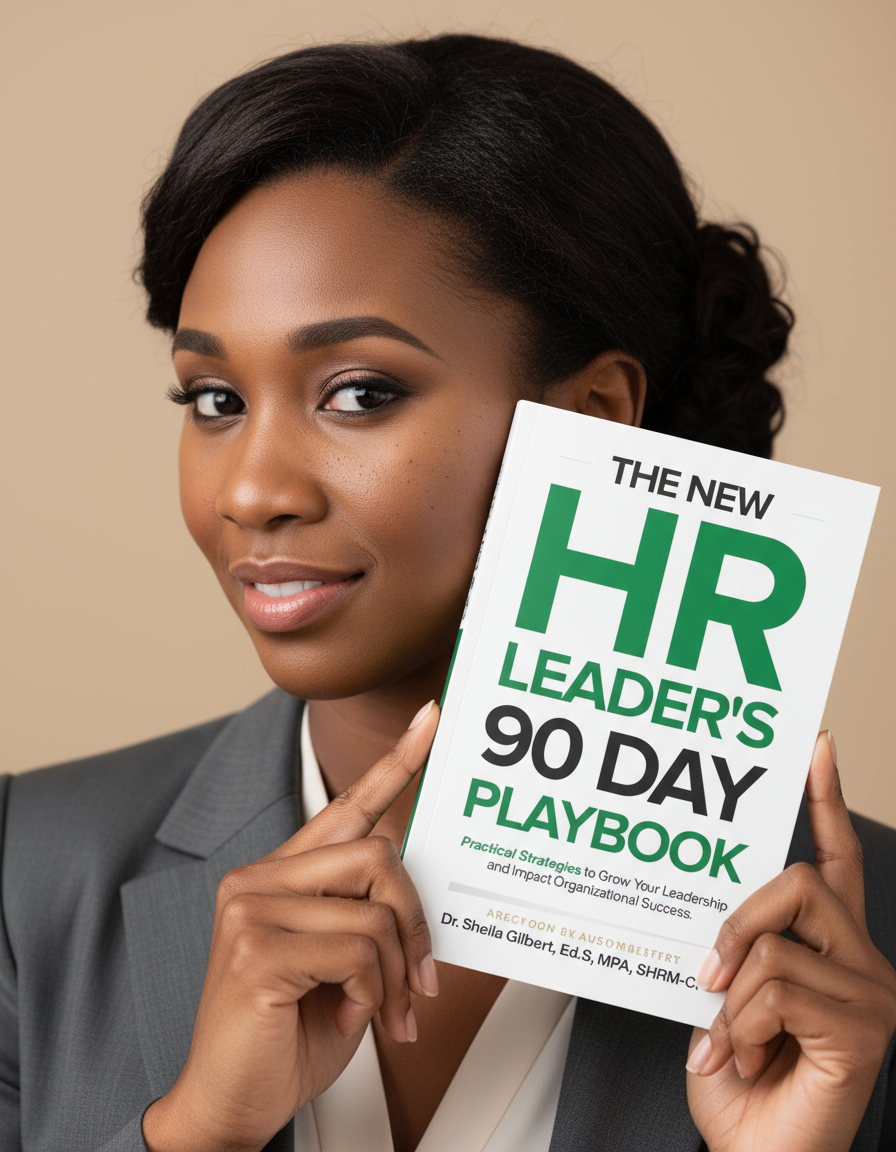 A professional woman with dark hair and makeup holding a book titled 'The New HR Leader's 90 Day Playbook' in front of a beige background.