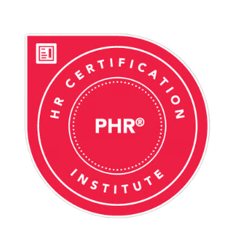 Red circular badge with white text that reads 'HR Certification Institute' and 'PHR' in the center, indicating a professional certification.