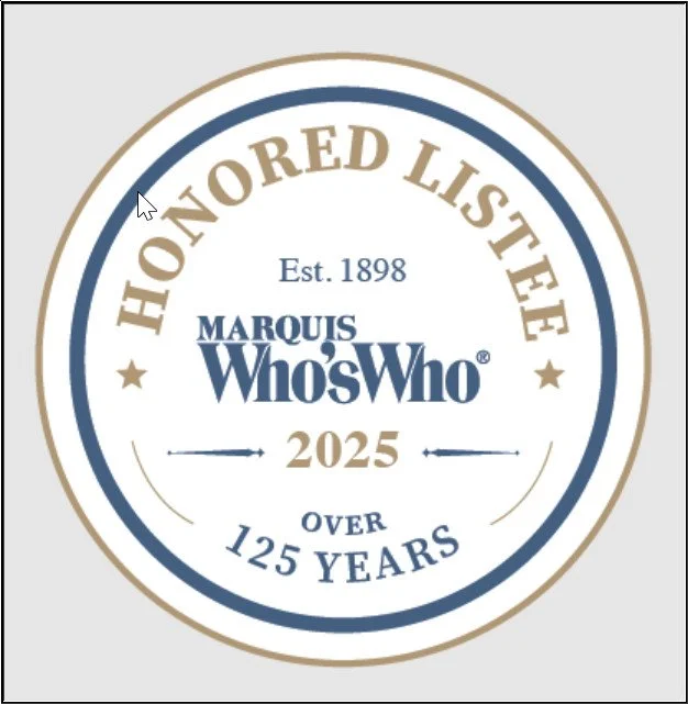 A circular badge for Marquis Who's Who, celebrating over 125 years since 1898, with a 2025 designation, featuring gold and navy blue text on a light background.