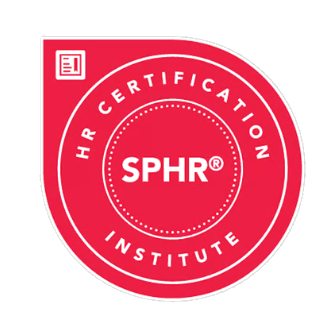 Red circular HR certification seal with SPHR® in the center and 'HR Certification Institute' written around the circle.
