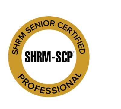 SHRM Senior Certified Professional badge with a gold and black circular design. Text reads 'SHRM SENIOR CERTIFIED PROFESSIONAL' around the border and 'SHRM-SCP' in the center.