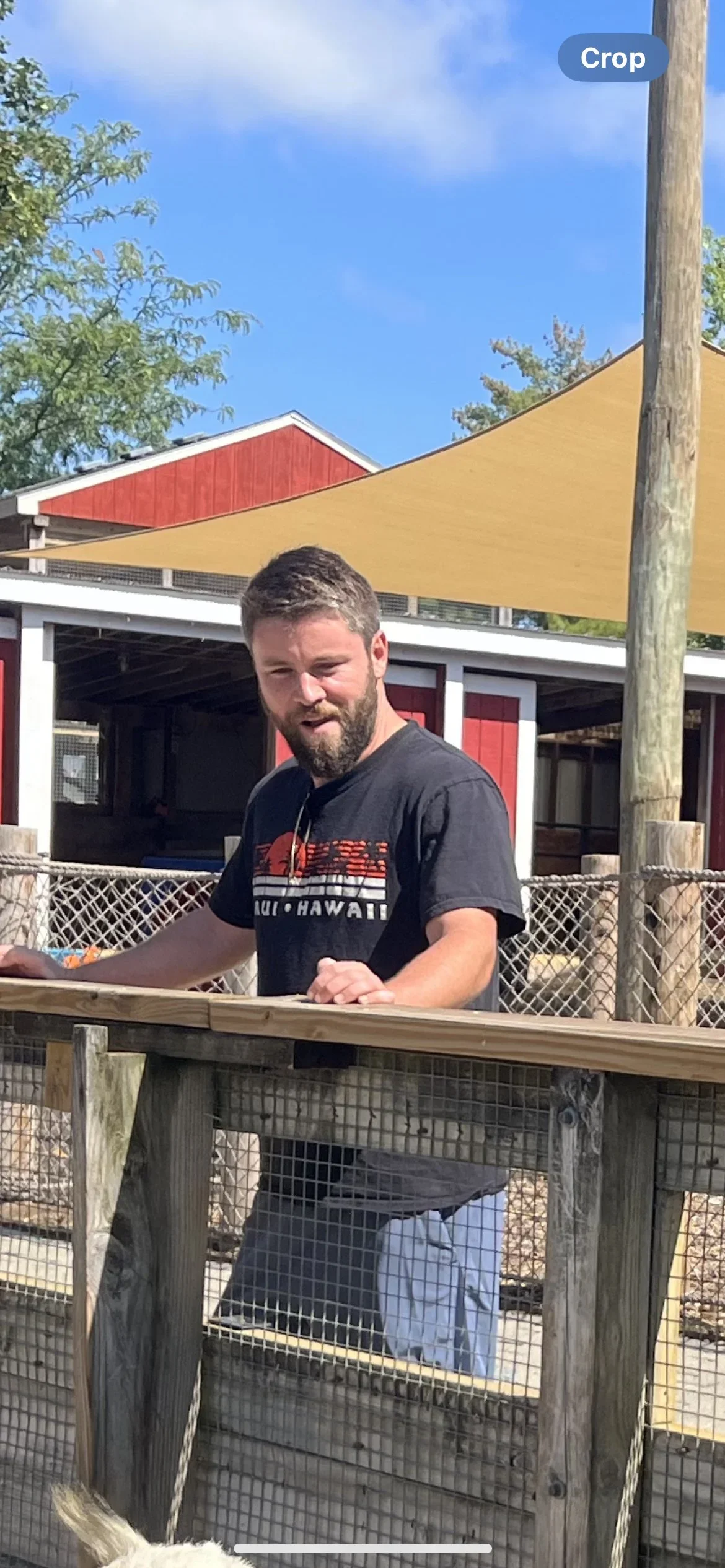 A young man with a beard and short hair standing at a wooden and wire fence enclosure outdoors on a sunny day. Behind him, there is a building with red and white walls and a yellow shade sail above. The sky is blue with some clouds.