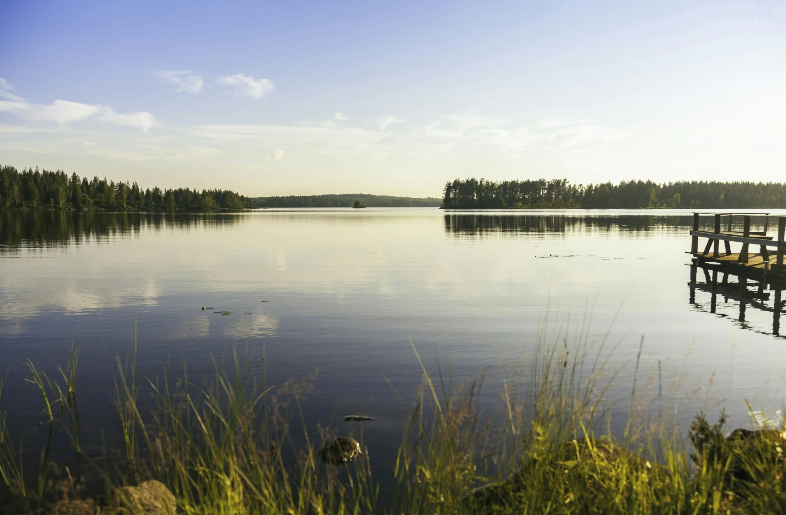 A tranquil lake scene with calm water, surrounded by trees in the distance, under a partly cloudy sky, with a wooden dock on the right side extending into the lake, and grassy shoreline with rocks in the foreground.