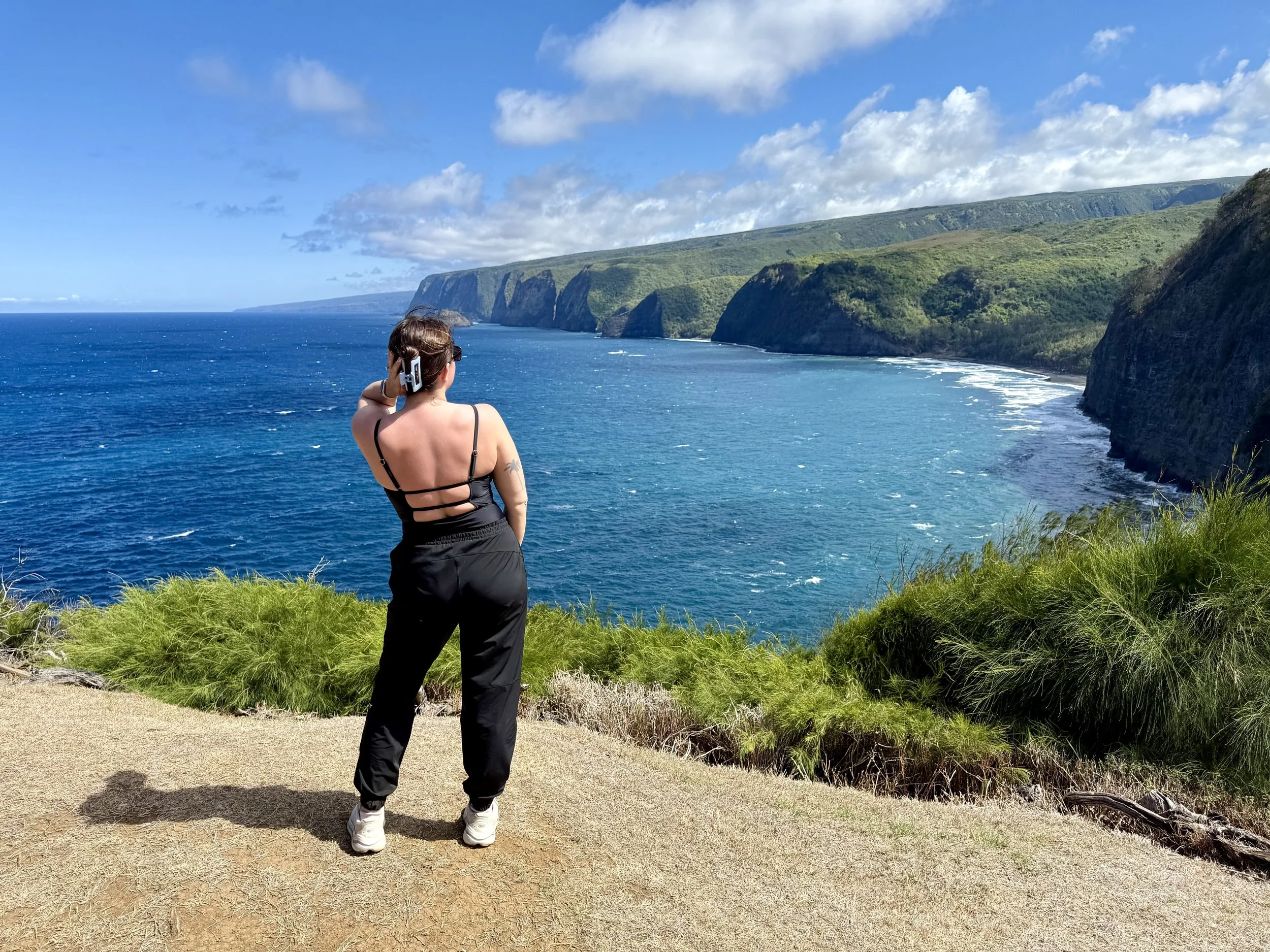 A person in black travel outfit with a tattoo on arm looking out over cliffs and ocean on a sunny day.