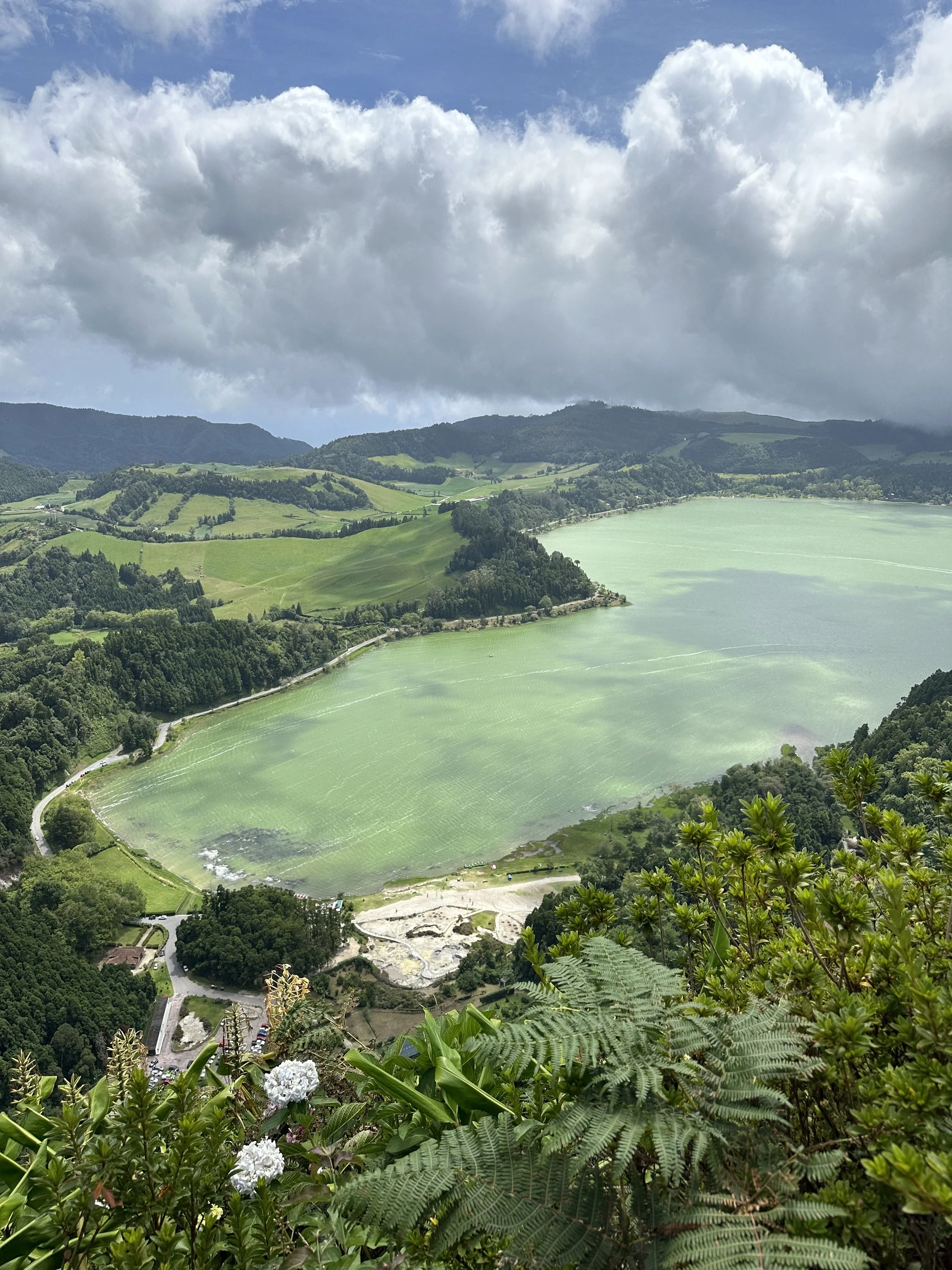 A scenic landscape featuring a large body of greenish water with lush green hills in the background, partly covered by clouds.