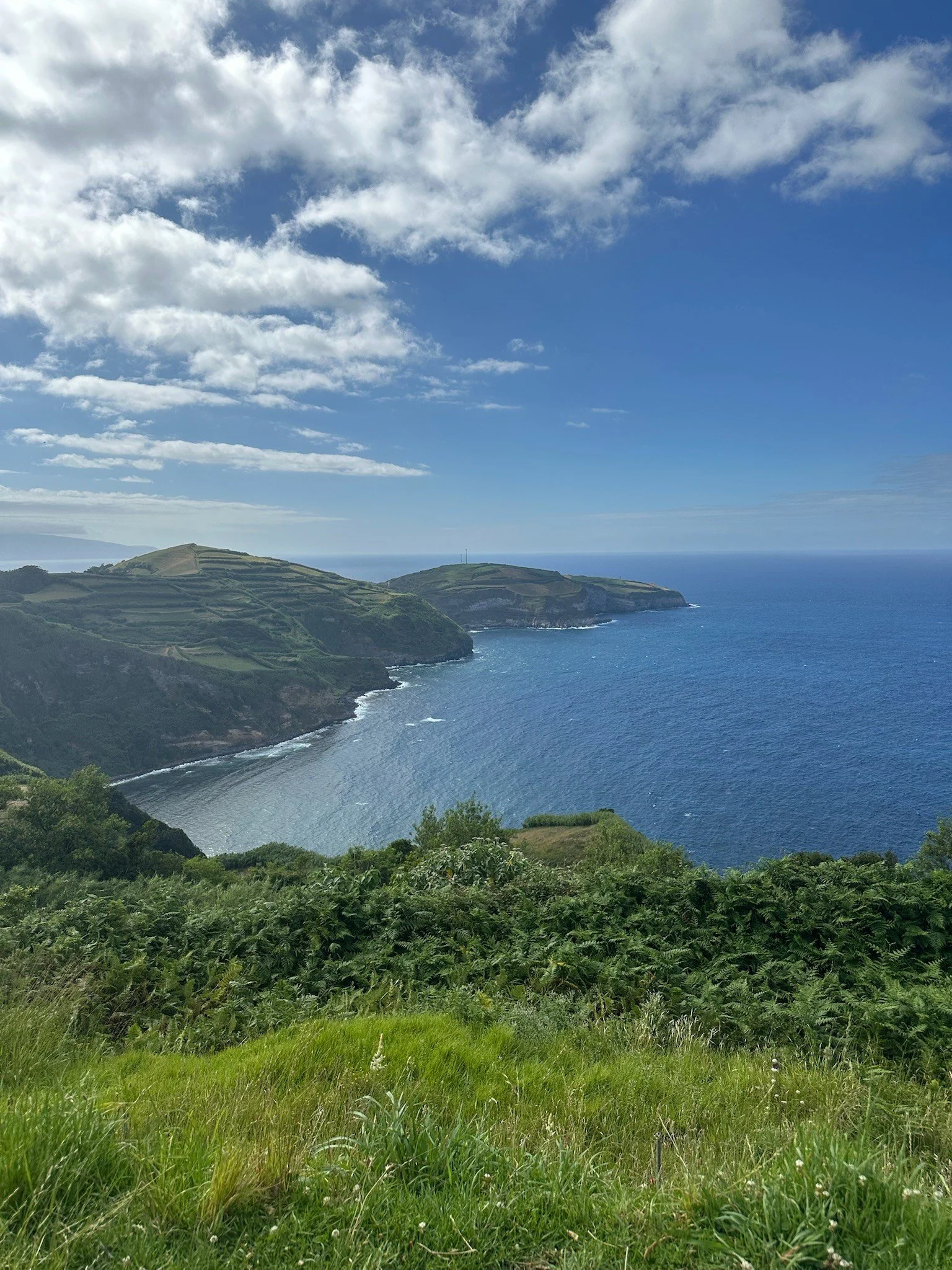 Coastal landscape with green hills, rocky shoreline, and blue ocean under a partly cloudy sky.