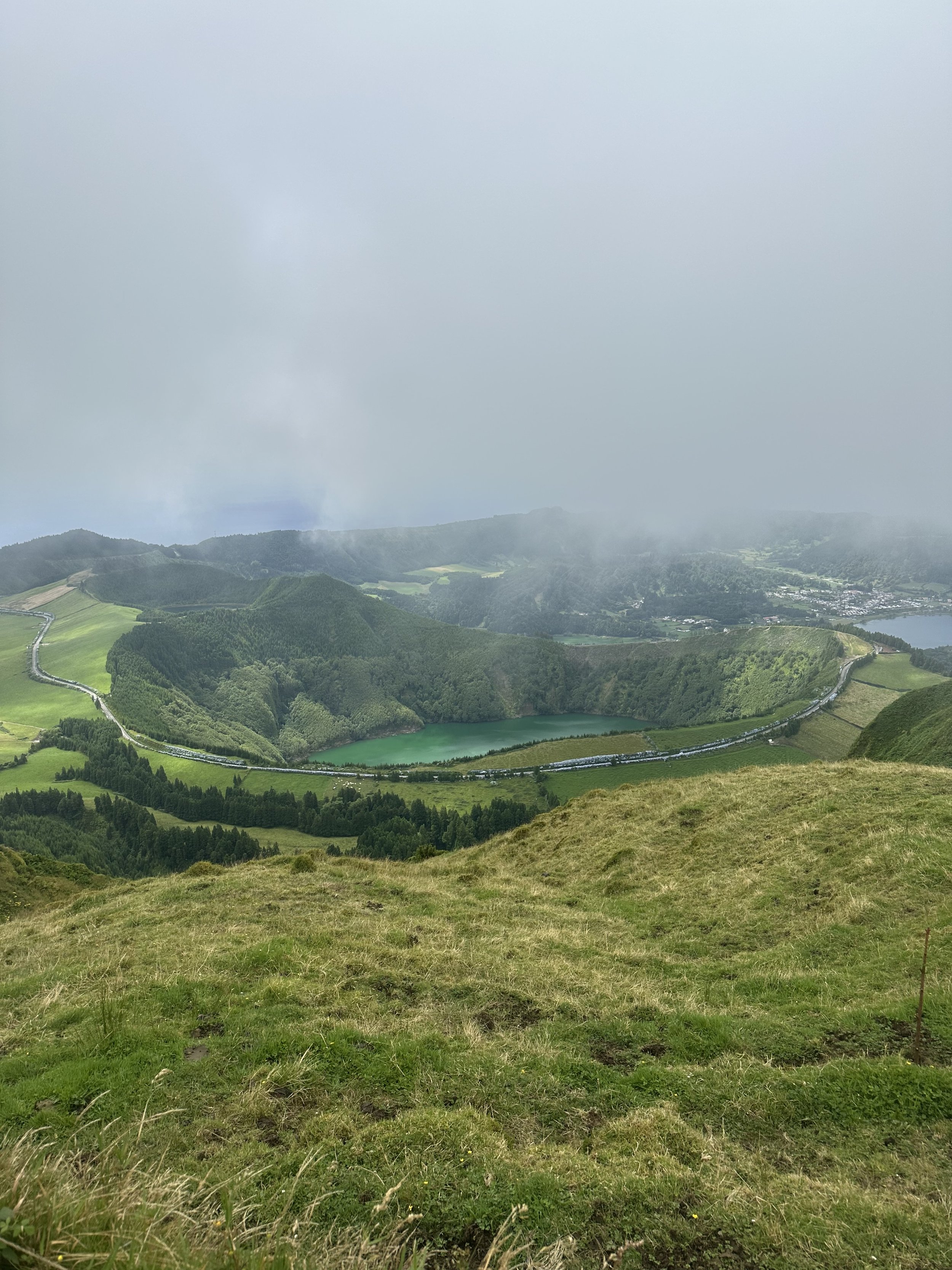 A scenic landscape with green grassy hills, a forested area, a lake, and a small town in the distance, under a cloudy sky.