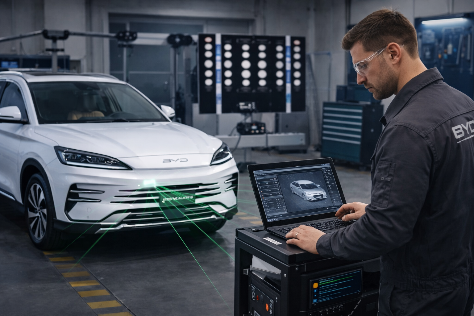 A technician wearing safety glasses works on a computer analyzing data from a white BYD electric vehicle in a high-tech automotive testing lab.