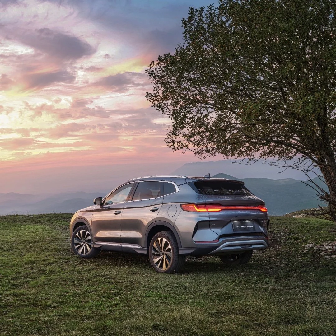 A silver SUV parked on a grassy hilltop at sunset, with a tree on the right and mountains in the background.