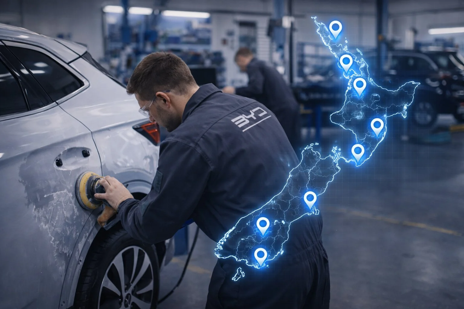 A mechanic polishing a silver car in an auto repair shop with a digital overlay of a map of Japan and location markers.