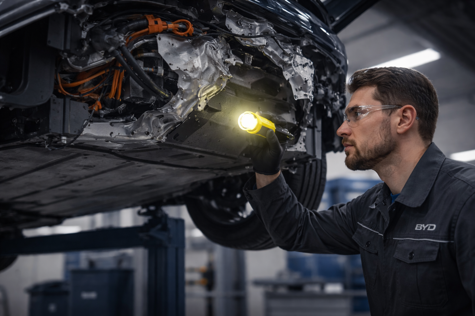 Automotive technician inspecting the underside of a car on an lift with a flashlight in an auto repair shop.