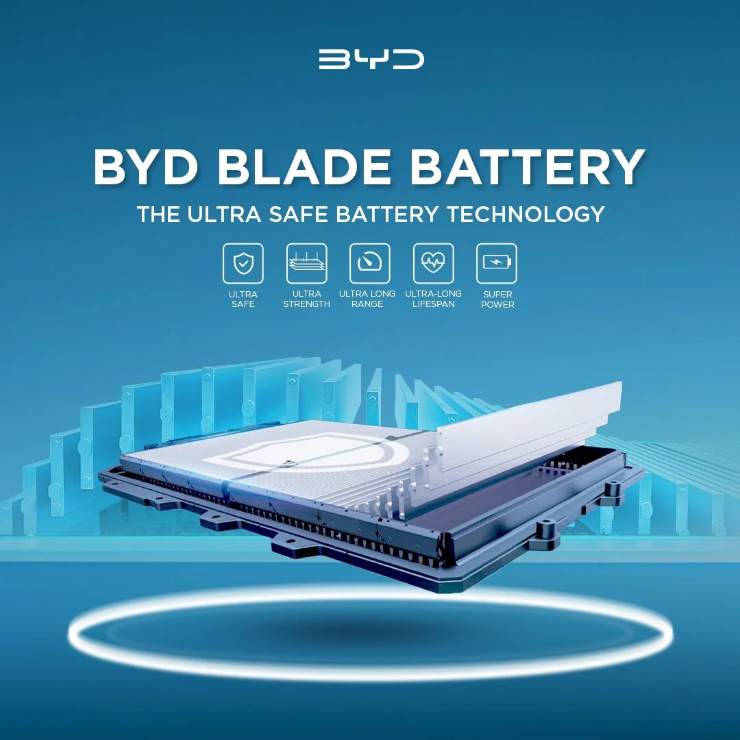 Blue background digital advertisement for BYD Blade Battery highlighting ultra safe, ultra strength, ultra long range, ultra-long lifespan, and super power features, with an illustration of the battery in the foreground.