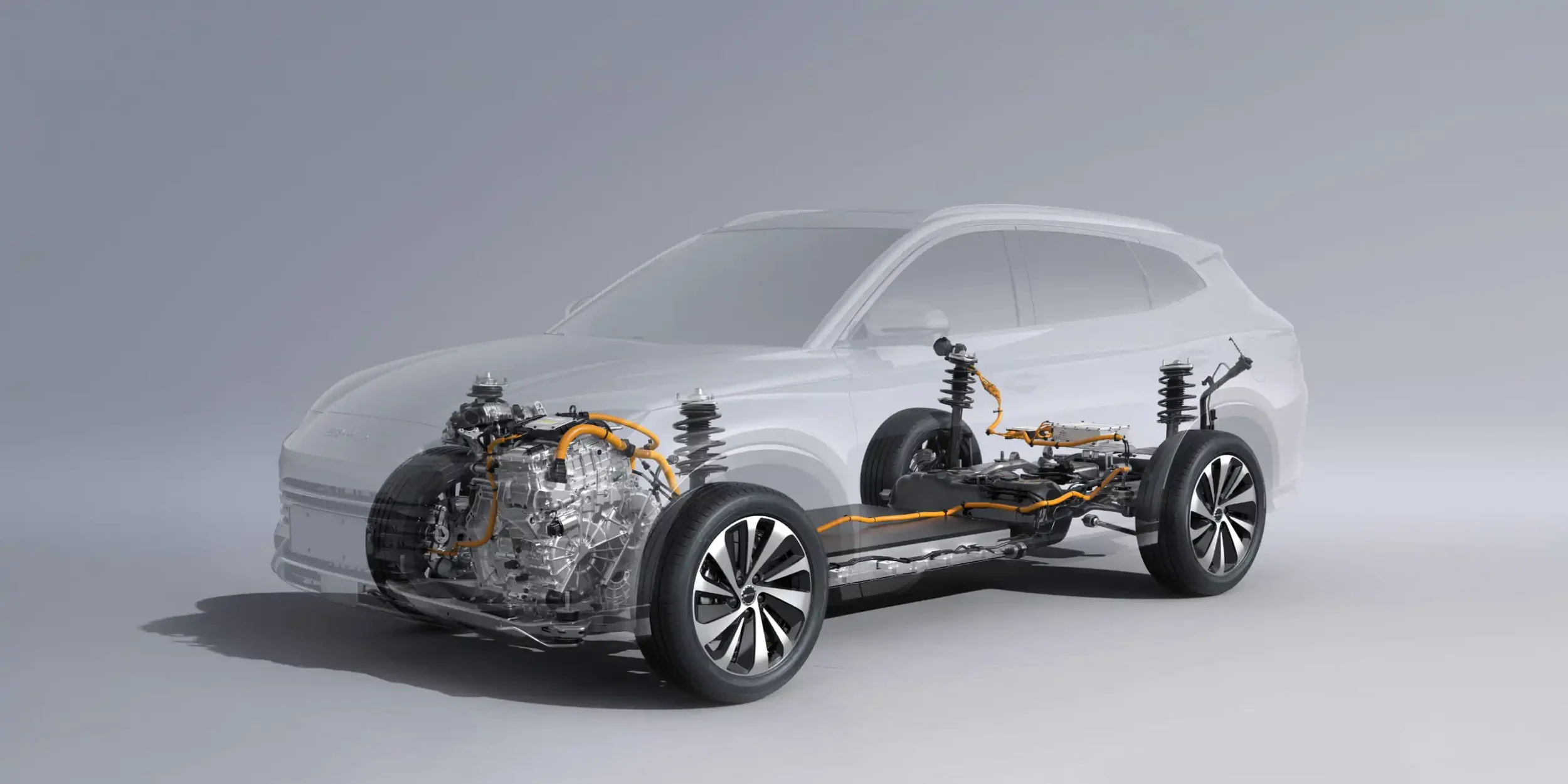 A partially transparent white car showing its internal components, with electric motor parts and wiring visible in the front and rear, set against a plain gray background.