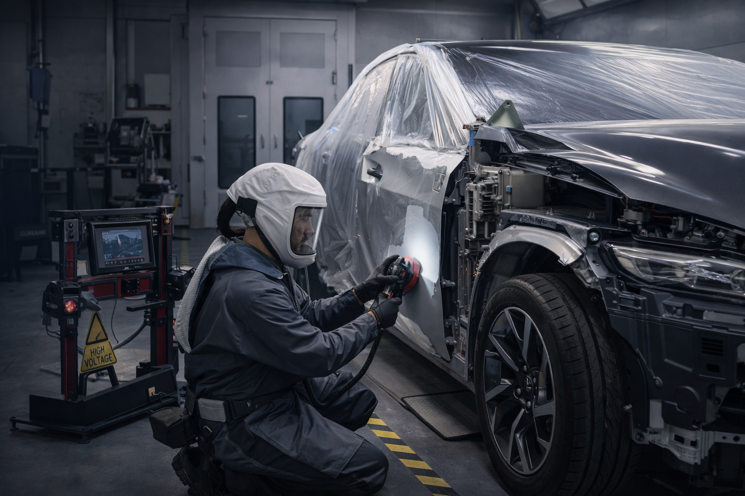 A worker wearing a protective helmet and suit is using a power tool on a car in a factory or workshop.
