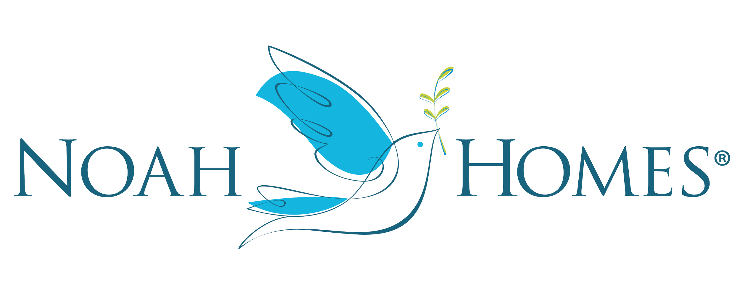Logo of Noah Homes featuring a dove holding an olive branch, with the company name in blue text.