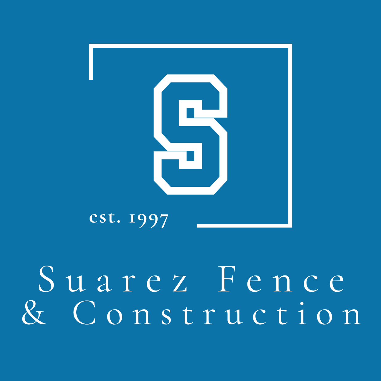 Logo for Suarez Fence & Construction, established in 1997, featuring a large white letter 'S' in a square with a blue background.