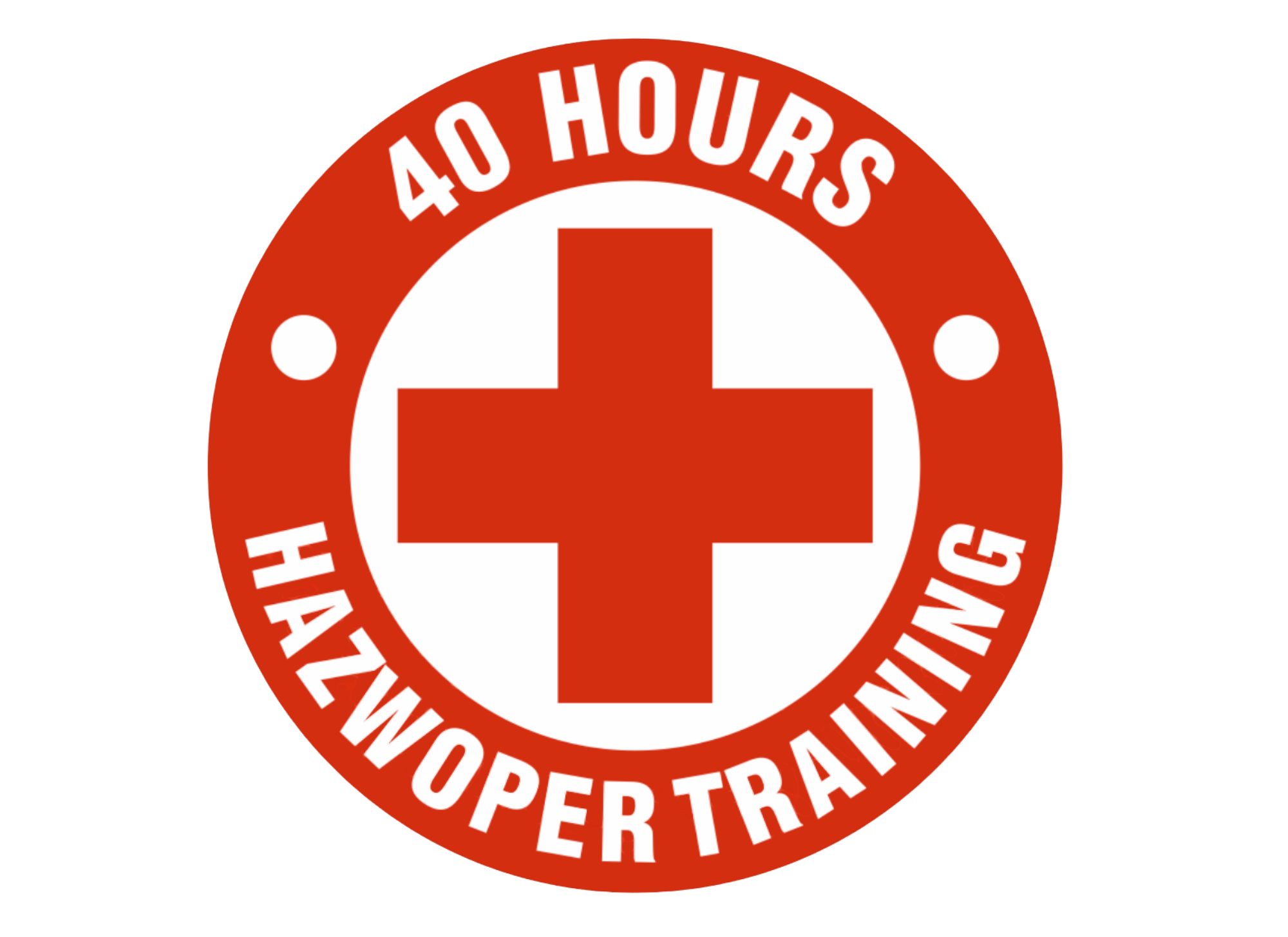 Red badge with a white cross in the center; text reads 40 Hours HAZWOPER Training around the edge.