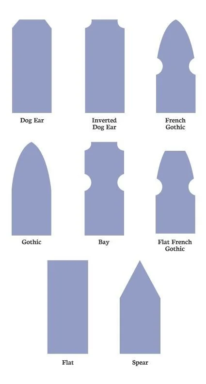 Nine blue fence picket top shapes labeled Dog Ear, Inverted Dog Ear, French Gothic, Gothic, Bay, Flat French Gothic, Flat, and Spear.