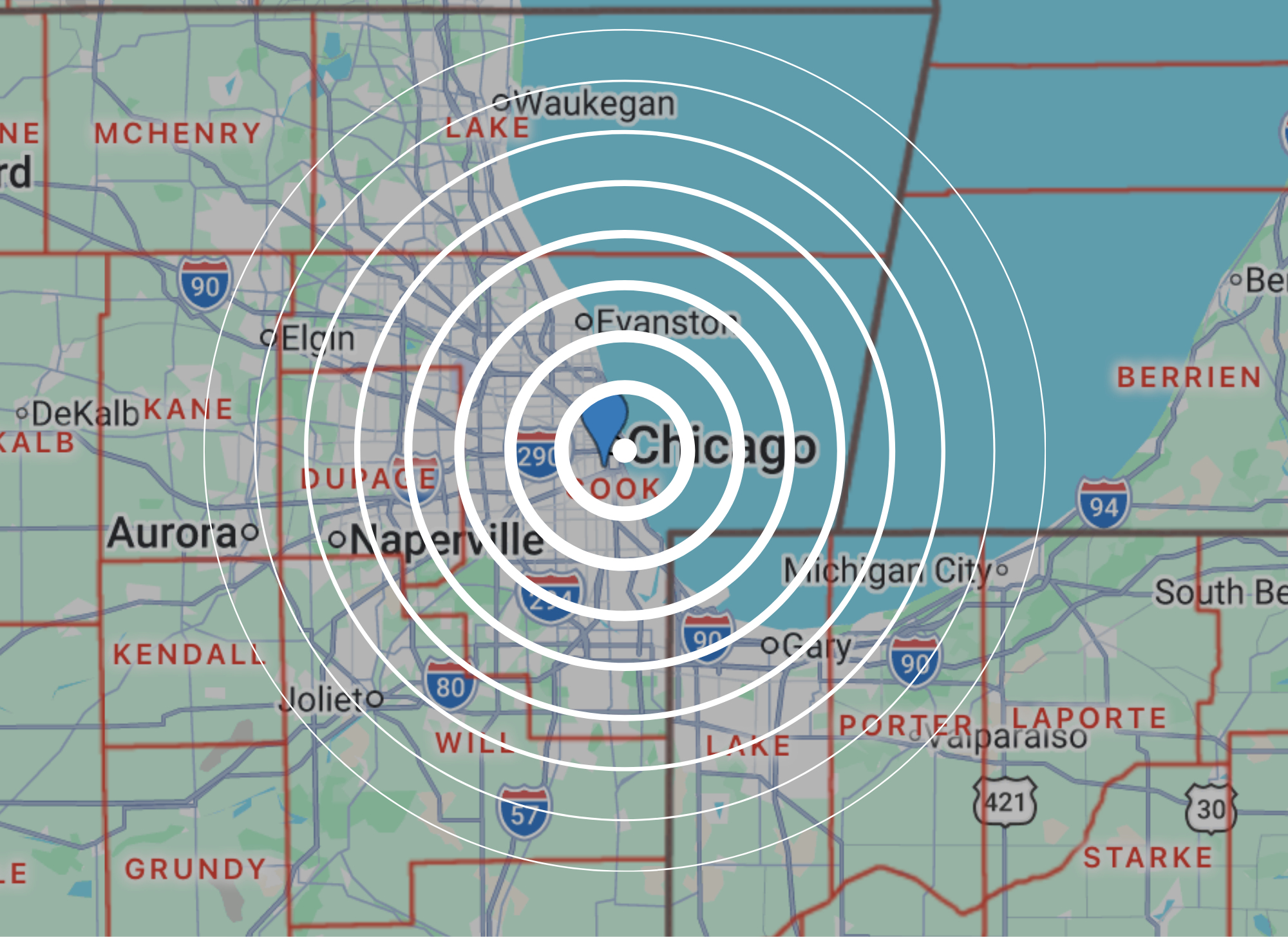 Map of Chicago with a seismic activity alert symbol centered on the city.