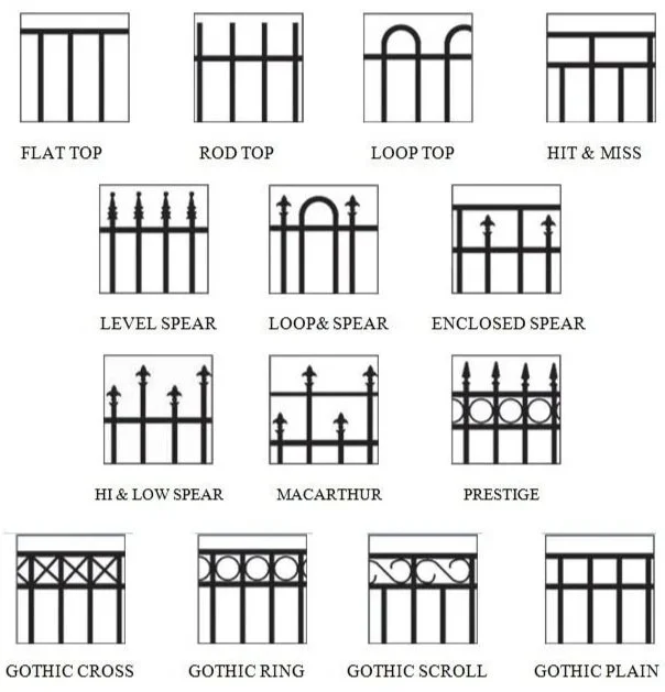 Grid of 15 black fence designs, each labeled with names like flat top, rod top, loop top, spears, and various gothic styles.