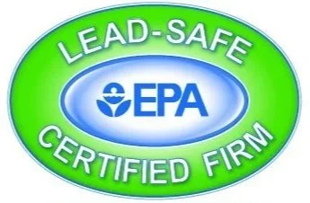 Green oval badge with LEAD-SAFE CERTIFIED FIRM and an EPA logo in the center on a white and blue background.