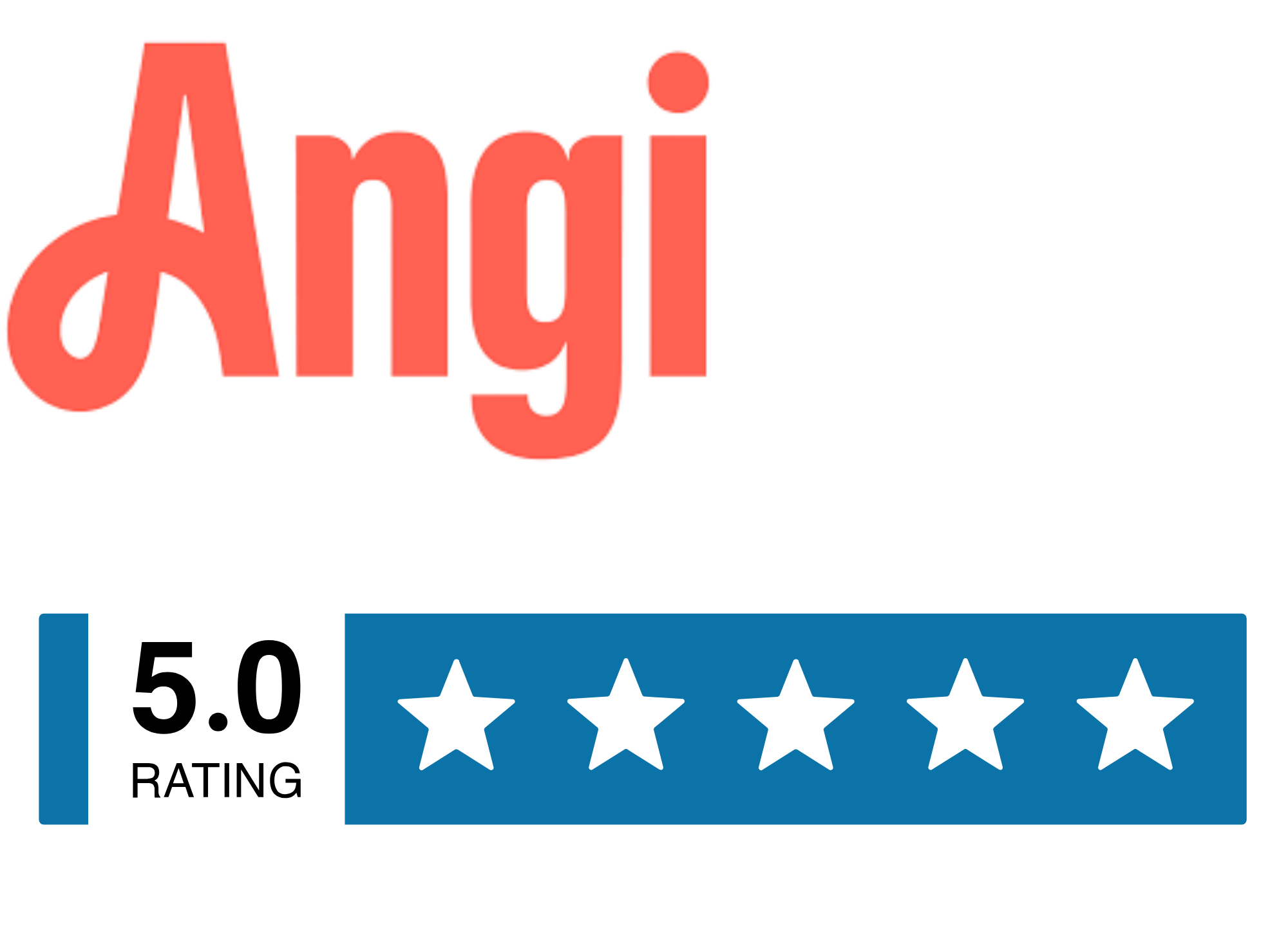 A digital review graphic for a service or product, showing a 5.0 star rating, a 5.0 rating score, and colorful text with a red and black theme.