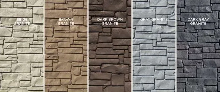 Five stone wall textures in beige, brown, dark brown, gray, and dark gray granite, each labeled with its respective color name.