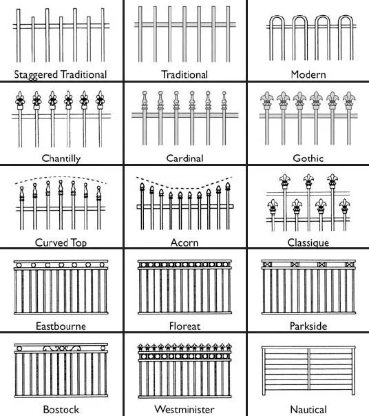 Grid of 15 black-and-white fence designs labeled: Staggered, Traditional, Modern, Chantilly, Cardinal, Gothic, and more.