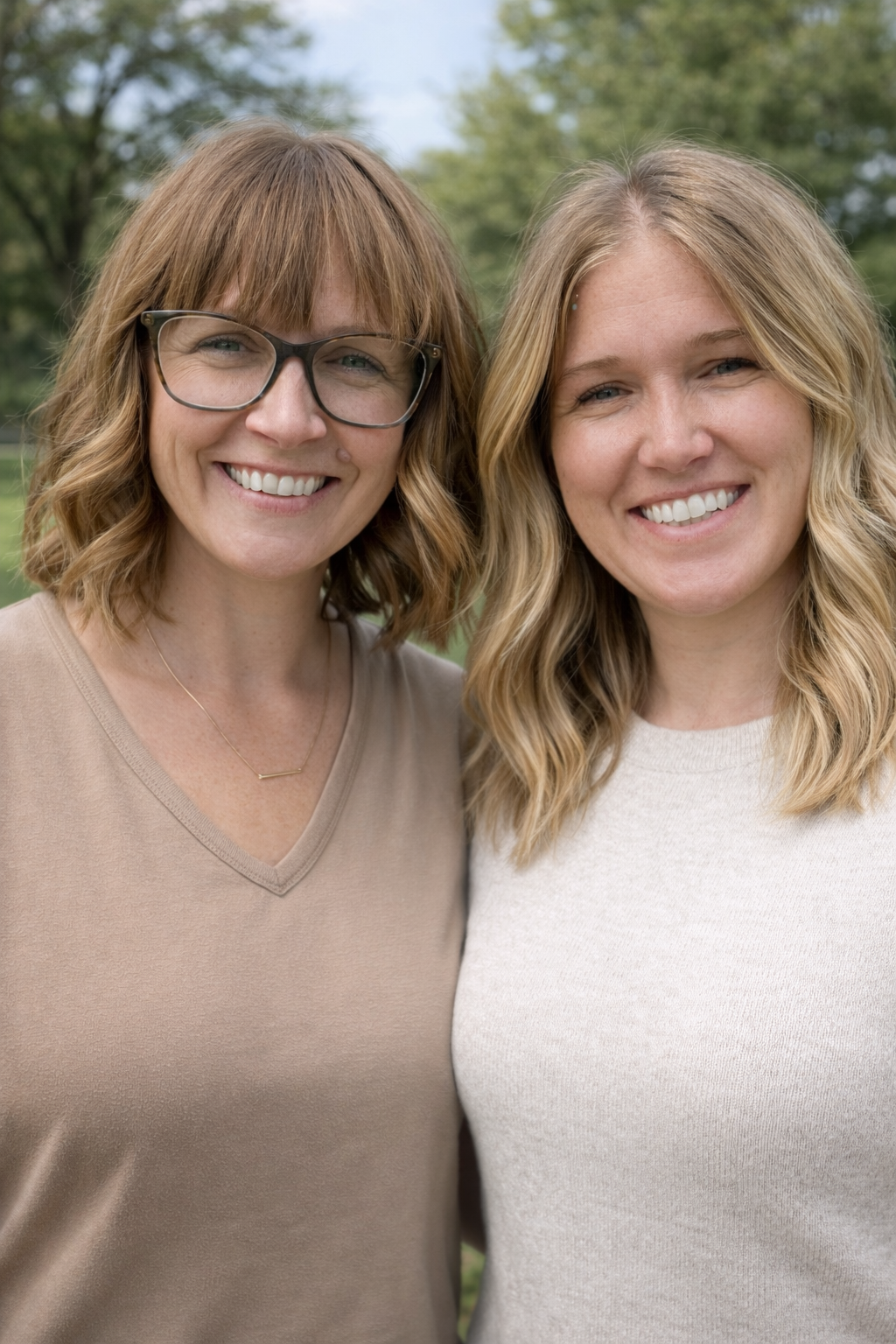 Two women smiling outdoors during daytime, one with glasses and shoulder-length red hair, the other with wavy blonde hair.