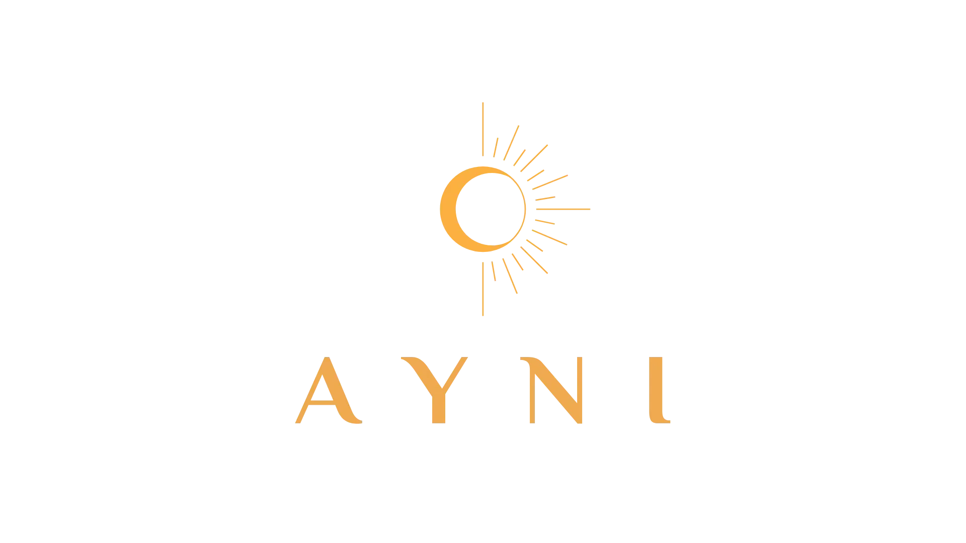 Logotipo en tonos naranja con sol y luna y radiantes, y la palabra 'AYNI' debajo.