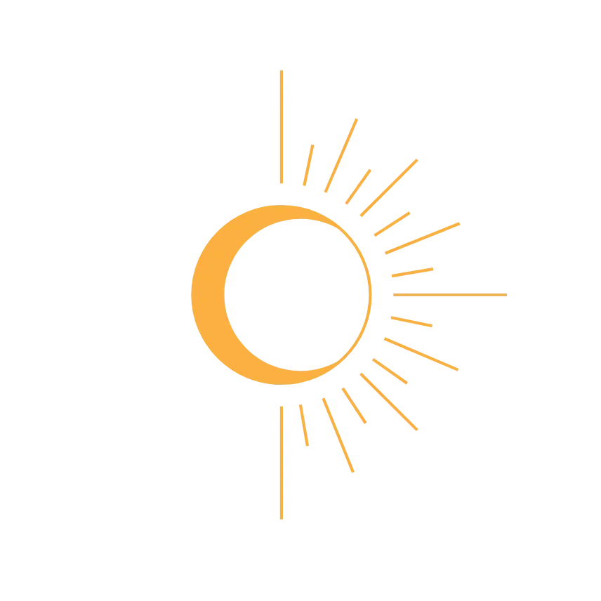 Ilustración del ciclo lunar con una luna creciente en naranja, rodeada de rayos que representan la luz solar.