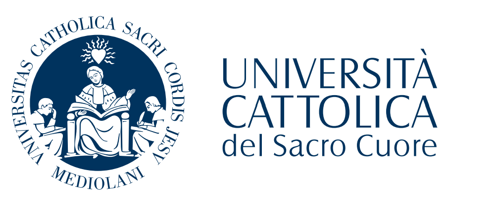 Logo of Università Cattolica del Sacro Cuore, featuring a sacred heart with rays above a seated figure, flanked by two children, encircled by the university's name.