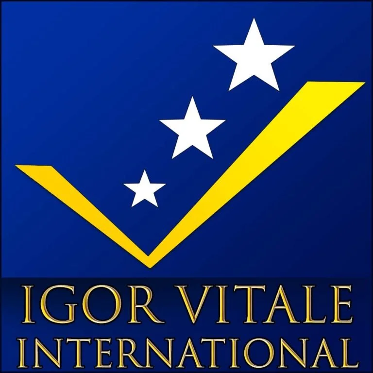 Logo for Igor Vitale International featuring a stylized letter V with three white stars and gold accents on a dark blue background, with the company name in gold text.