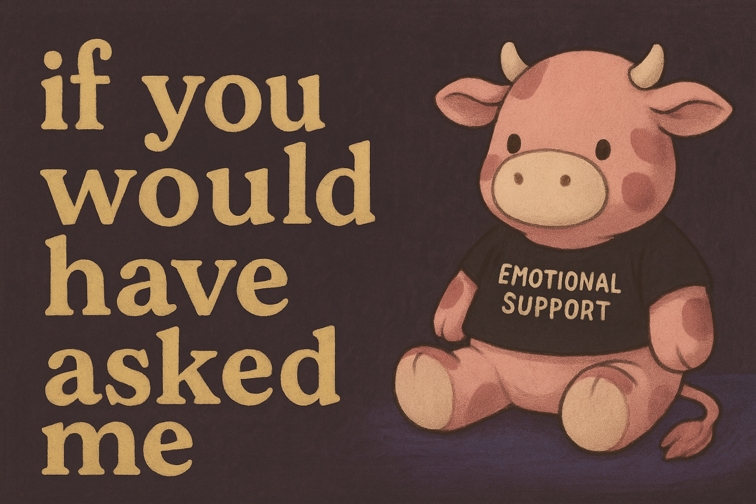 A cartoon pink cow wearing a black shirt that says 'Emotional Support' sits beside yellow text that reads 'if you would have asked me' on a dark background.