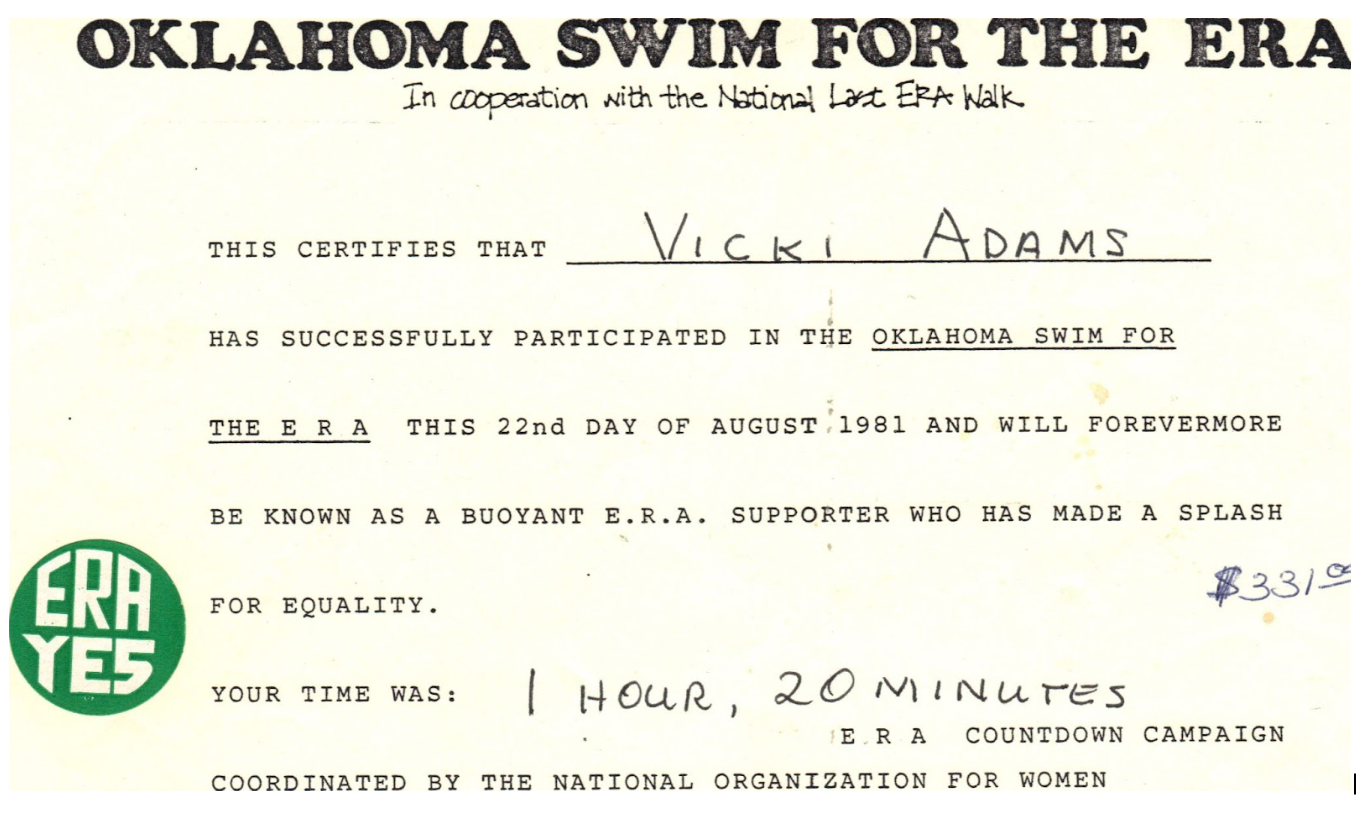 Certificate for Vicki Adams recognizing participation in the Oklahoma Swim for the Era, dated August 22, 1981, with an ERA YES logo in the bottom left corner.