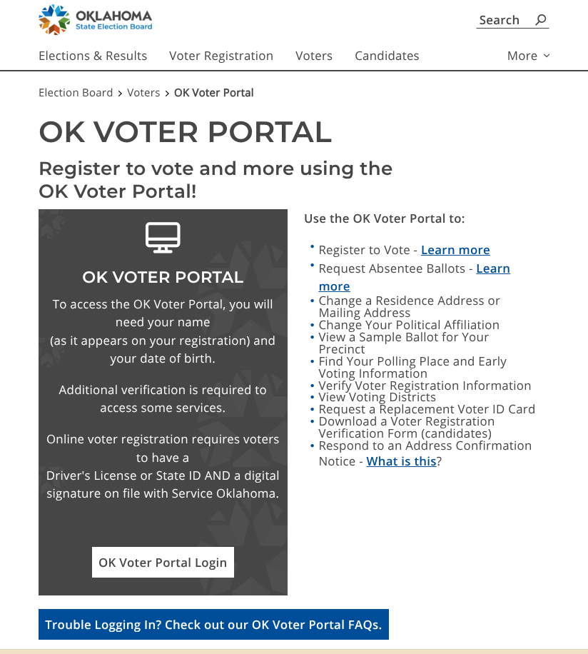 Screenshot of the Oklahoma Voter Portal webpage, featuring options to register to vote, request absentee ballots, change address, view voting districts, and other voting-related services.