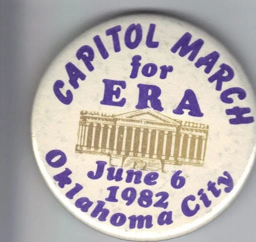 A circular campaign button with purple text and an illustration of the Oklahoma State Capitol building. The button reads "Capitol March for ERA, June 6, 1982, Oklahoma City."