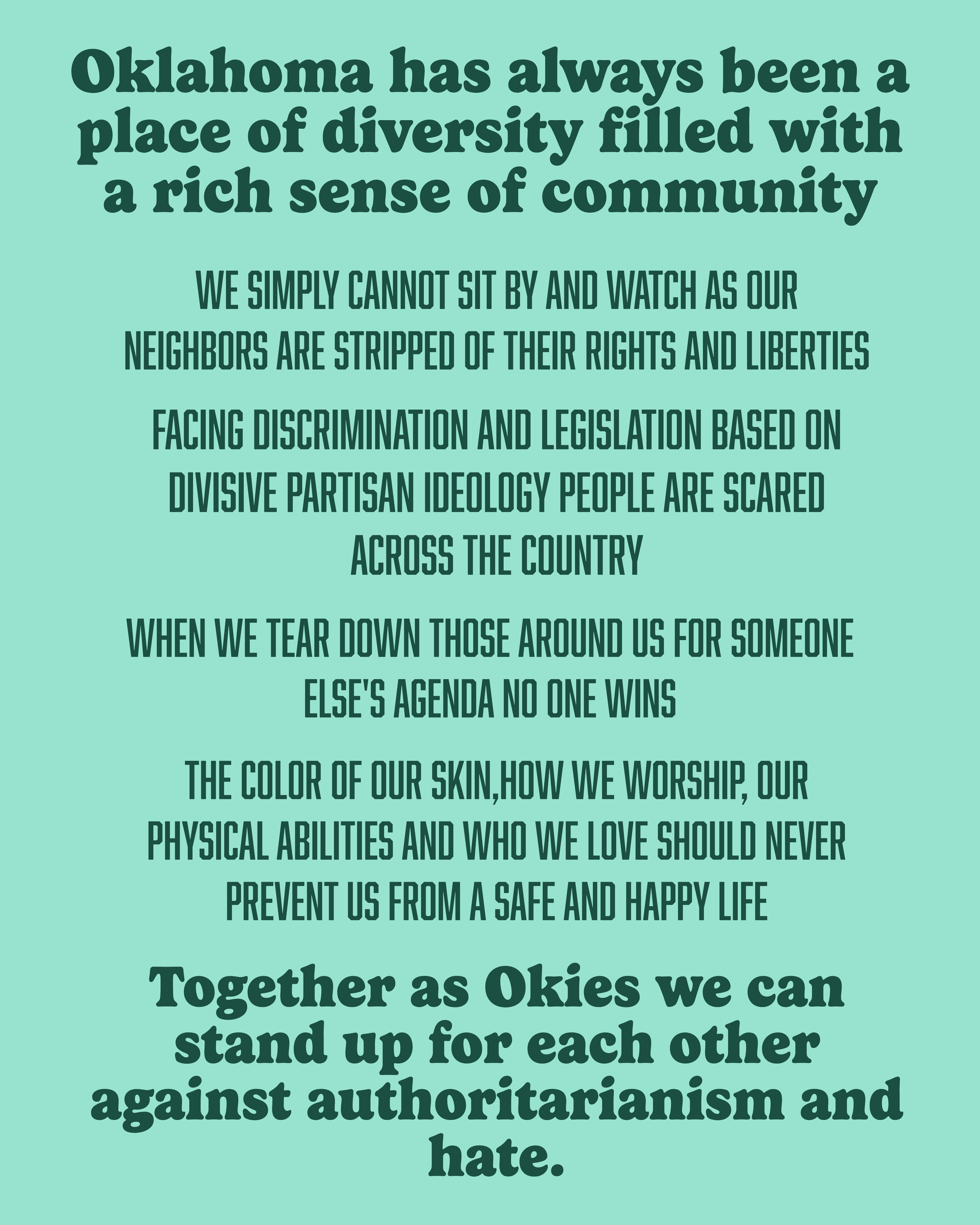 Text on turquoise background emphasizing Oklahoma's diversity, community, and unity against discrimination, hate, and authoritarianism.