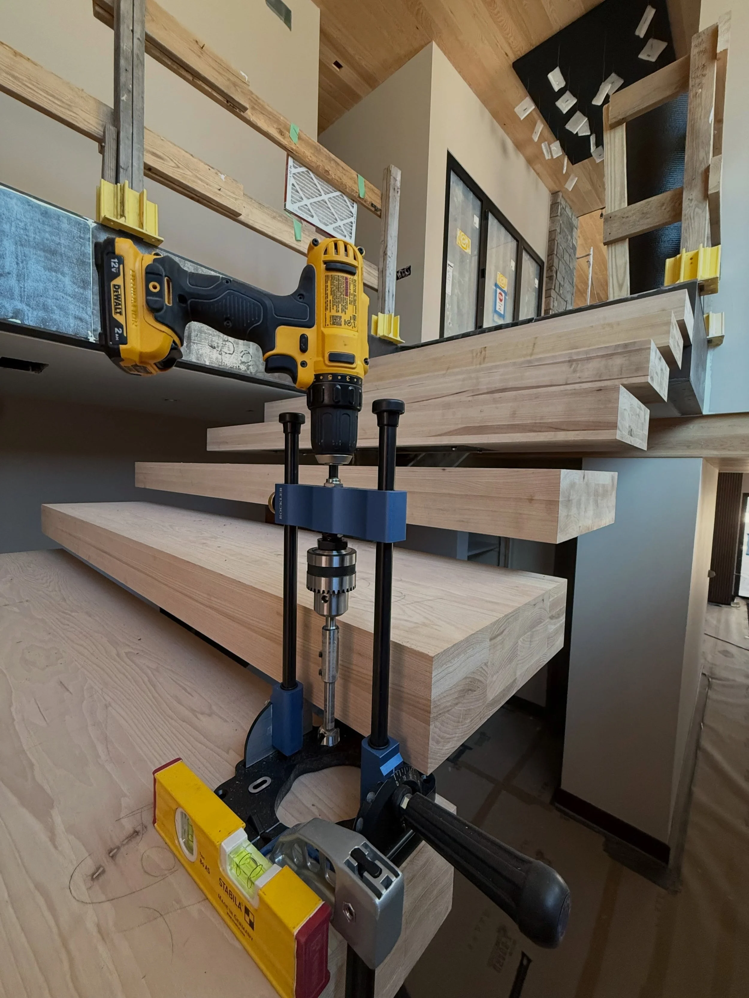 The Staircase at Casa Madrid is in finish phase. The carpenters and custom ironworks crew are working to layout the railing. Stay tuned for this incredible design by RKD Architects! #stair #interiors #carpentrytools #rocklerwoodworking